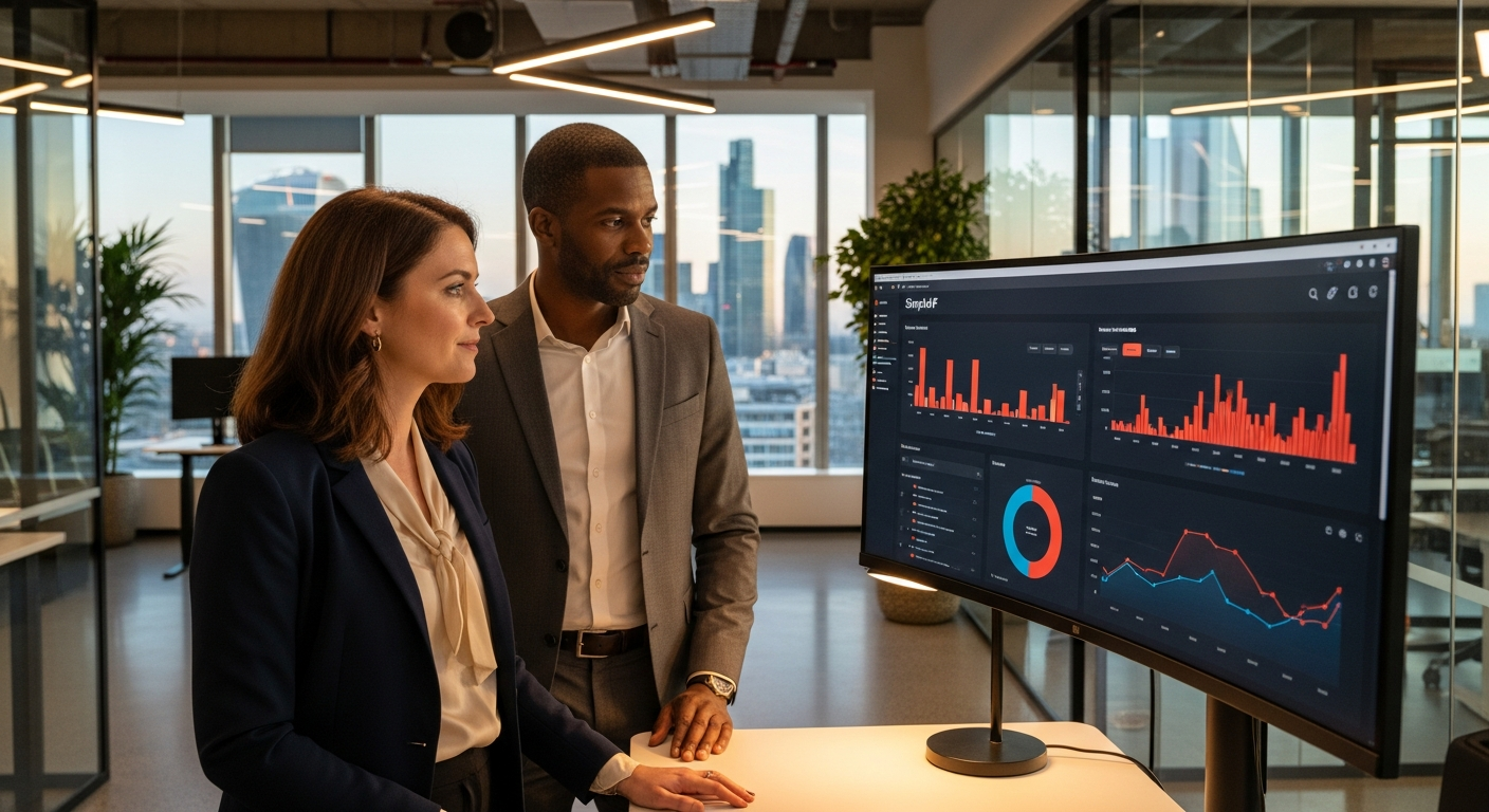 Talent team reviewing renewable energy analytics data on a large screen in a modern London office.